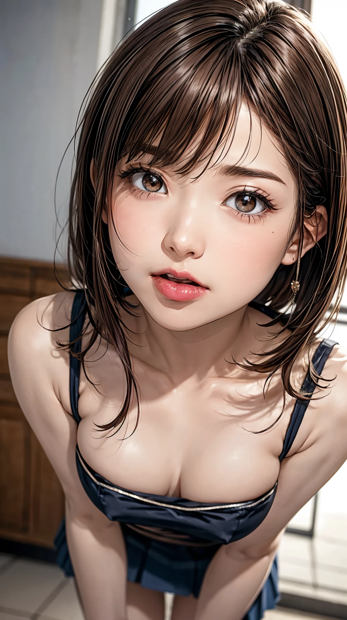 highest quality、4K quality、Beautiful cleavage、Beautiful Style、tall、Small breasts、Bare buttocks、Small Ass、Shy face、20 year old princess、Bare shoulders、My skirt is blown up by the wind、ultra detail eye,Shooting from behind、Apply lipstick on your lips、realistic tongue、Holding lipstick with fingery whole body is wet、Small face、Soft skin quality、Shooting from the front、Stick stuck between breasts