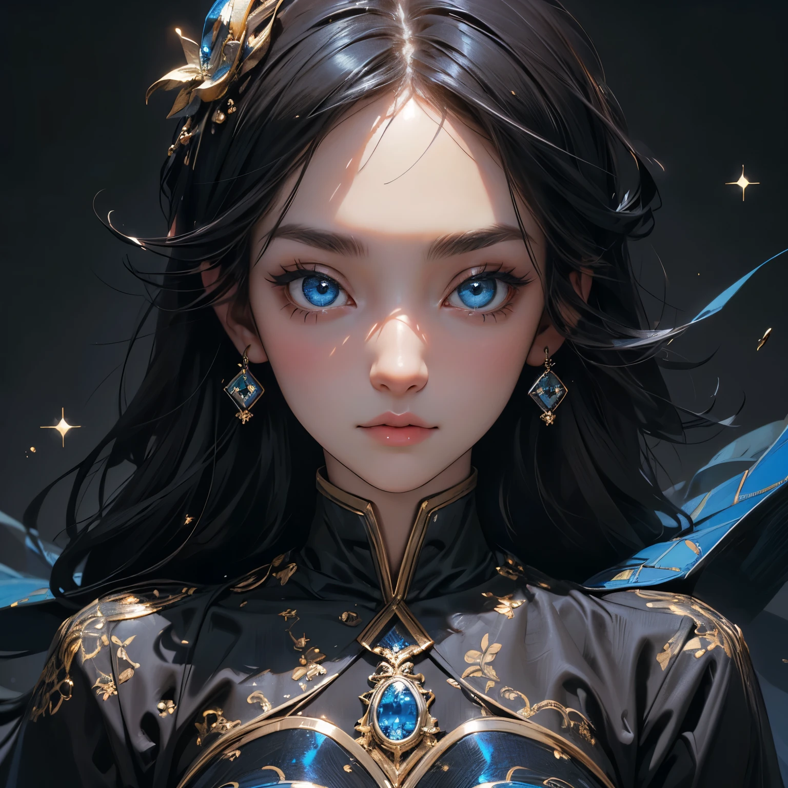 ((Masterpiece, Superb, Super Detailed, High Resolution)), solo, beautiful girl, sparkling eyes, perfect eyes, , black and blue gold theme,