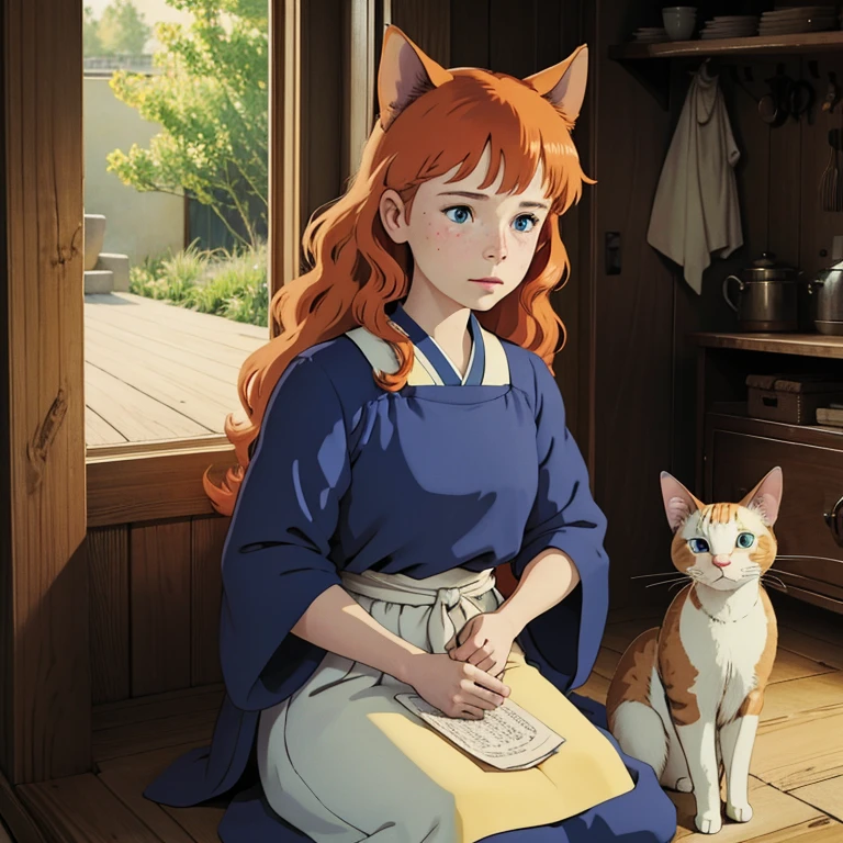 (best quality,4k,8k,highres,masterpiece:1.2), ultra-detailed, realistic:1.37, young solo girl, detailed blue eyes, cat ears, cat tail, freckles, cute, orange hair, long wavy hair, portrait, vibrant colors, soft lighting, Country, wearing a dress, traditional Japanese home
