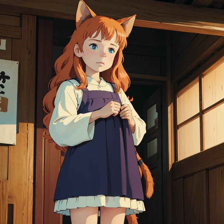 (best quality,4k,8k,highres,masterpiece:1.2), ultra-detailed, realistic:1.37, young solo girl, detailed blue eyes, cat ears, cat tail, freckles, cute, orange hair, long wavy hair, portrait, vibrant colors, soft lighting, Country, wearing a dress, traditional Japanese home