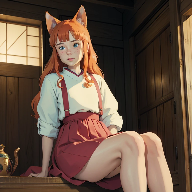 (best quality,4k,8k,highres,masterpiece:1.2), ultra-detailed, realistic:1.37, young solo girl, detailed blue eyes, cat ears, cat tail, freckles, cute, orange hair, long wavy hair, portrait, vibrant colors, soft lighting, Country, wearing a dress, traditional Japanese home