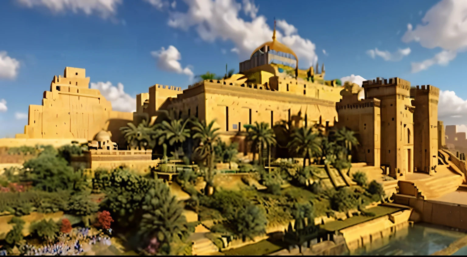 arafa view of a castle with a fountain and a large building, Palace floating in the sky, palace on top of the hill, colorful ancient egyptian city, cidade colorida no antigo Egito, uma cidade asteca em um lago insular, pyramid surrounded by vegetation, Tenochtitlan, cidade antiga, arquitetura asteca, o grande templo das flores, Dorne, futuristic Persian palace