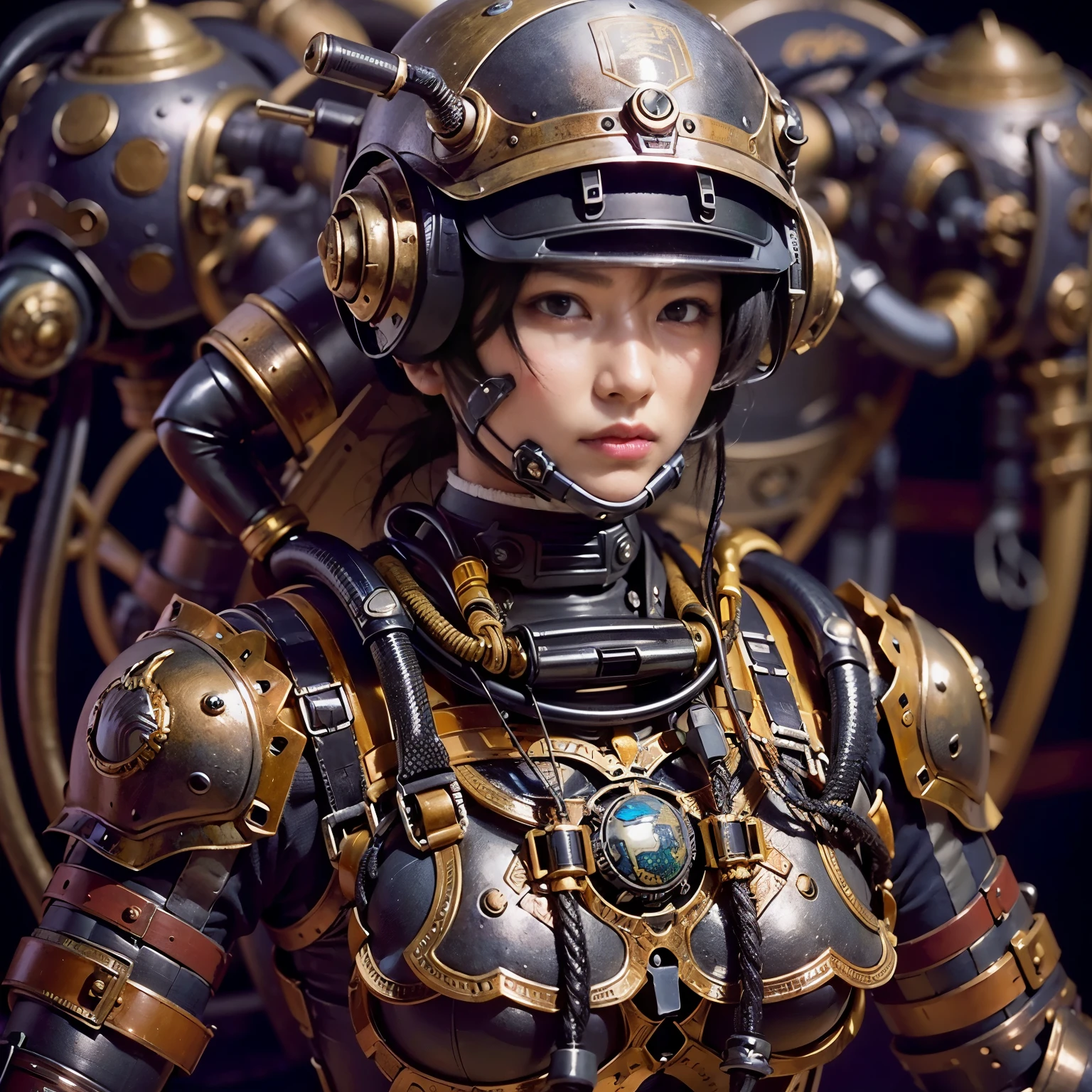 (mechanical armor with reference to a dung beetle), power pipes, hydraulic cylinders, ultimate intricate detail, Japanese female soldier in mechanical armor, very beautiful face, realistic, full body shot, sortie from secret base, steampunk