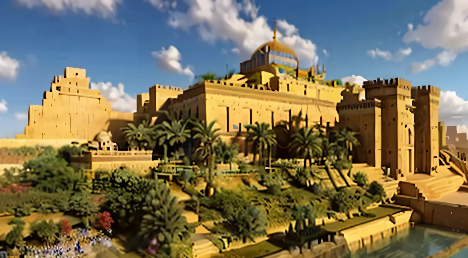 arafa view of a castle with a fountain and a large building, Palace floating in the sky, palace on top of the hill, colorful ancient egyptian city, cidade colorida no antigo Egito, uma cidade asteca em um lago insular, pyramid surrounded by vegetation, Tenochtitlan, cidade antiga, arquitetura asteca, o grande templo das flores, Dorne, futuristic Persian palace