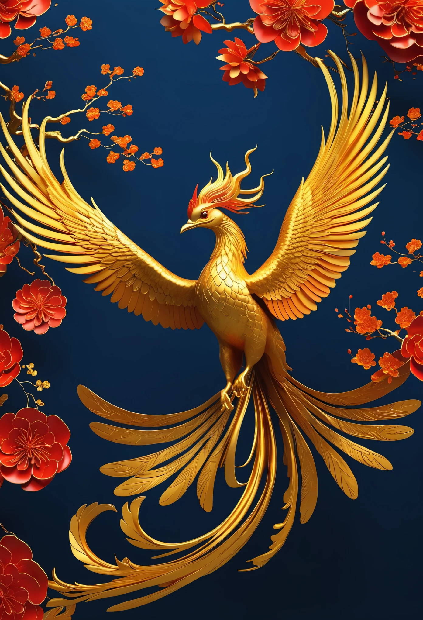 Full color, 3D Chinese graphics, modern style, natural color, Happy Chinese New Year, munimal 3D art style with hyper-realism. Modern Chinese Beautiful Chinese Phoenix Statue There are long legs flying above a large Chinese gold coin. Decorated with Chinese flowers dark blue background Modern graphic design UHD 64g