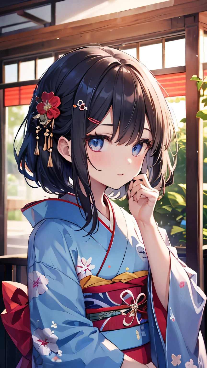 ((Best quality, 8k, Masterpiece: 1.3)), Highly detailed face and skin texture, Detailed eyes, Girl in traditional Japanese kimono、Floral Outfit、((Light blue kimono))、evening、Summer festival、Innocent expression、Cute black hair girl、(She has a hairpin in her hair)