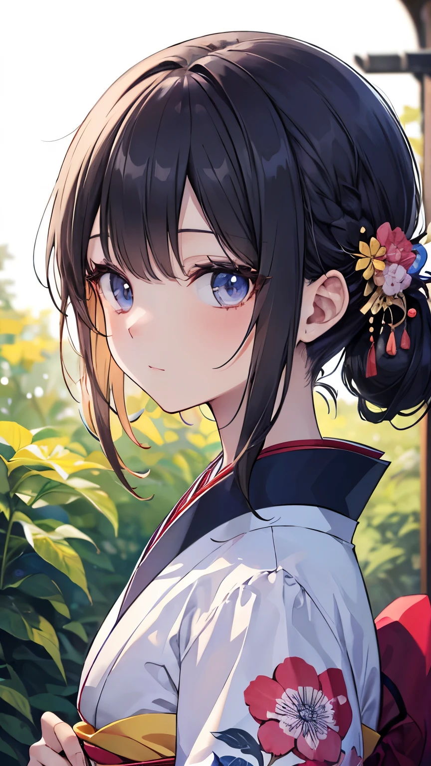 ((Best quality, 8k, Masterpiece: 1.3)), Highly detailed face and skin texture, Detailed eyes, Girl in traditional Japanese kimono、Floral Outfit、((Light blue kimono))、evening、Summer festival、Innocent expression、Cute black hair girl、(She has a hairpin in her hair)