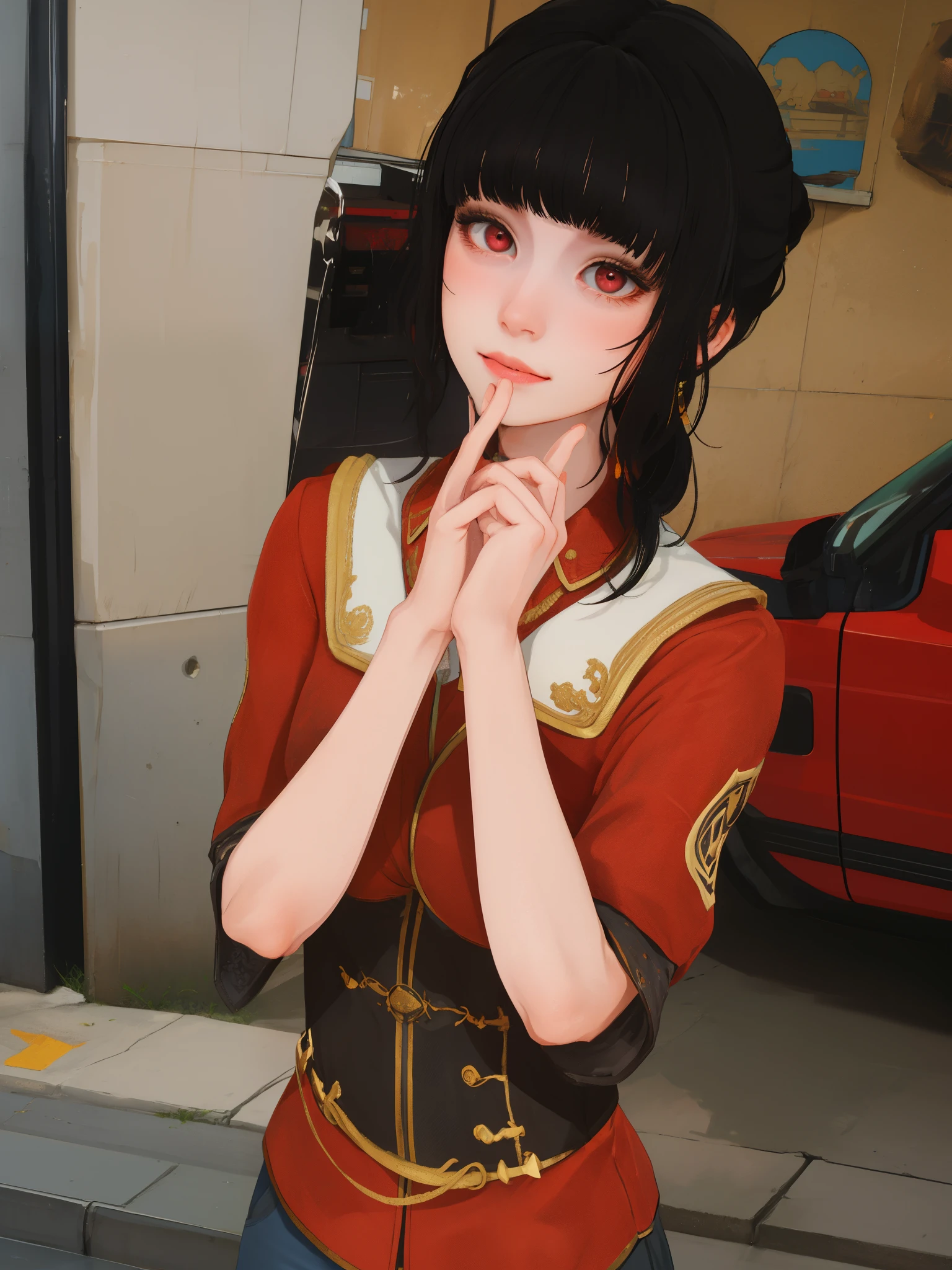 masterpiece, highly detailed, best quality, 1girl, solo, Luna, black hair, side ponytail, red eyes, blunt bangs, uniform, smile, hands