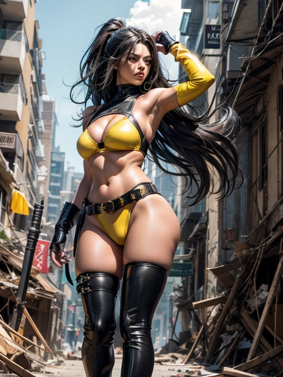 sexy wild-dark long hair cute pornstar teen x-23 wolverine claws out, sexy  yellowmicro-bikini, hi-tech metallic circular "x-men" belt buckle, yellow thong latex cameltoe panties with black belt accents
walking in debris rubble from collapsed building,
yellow x-men wolverine micro-bikini costume
yellow latex turtleneck halter top
cameltoe view, low angle looking up, creepshot
sexy iconic superheroine action poses, 
dark pornstar eyeliner mascara and eyeshadow make-up
oiled sweaty, hair blowing wildly in the wind, back view