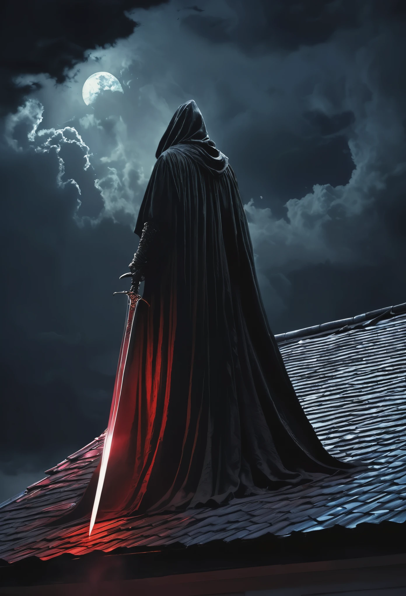 (masterpiece, best quality:1.2), Death on the roof，cloak，Holding a red long sword，moonlight，Ominous Clouds， Dark fantasy illustration style , dark arts, High contrast, Dark Shadows, atmospheric perspective, Melancholic colors, Film composition, Volumetric Lighting, number, Brushstrokes, Dramatic Lighting, Low angle shot, Surrealism, Super detailed, Hyperrealism 