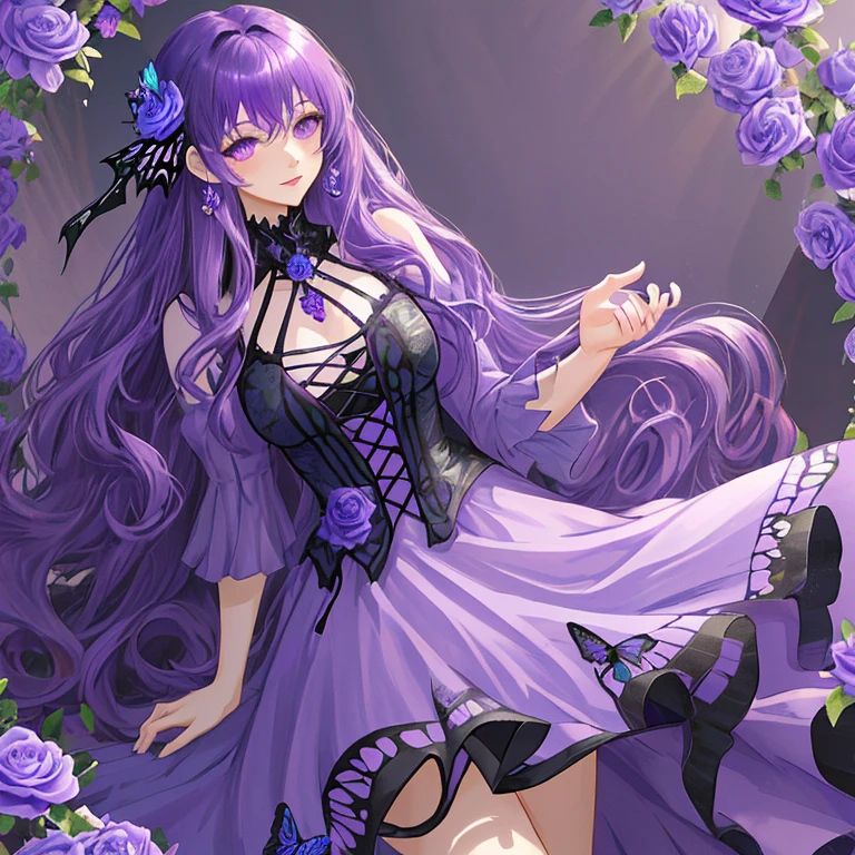 Purple Hair，Long Hair，curly hair，Purple Eyes，blue rose，butterfly，dress