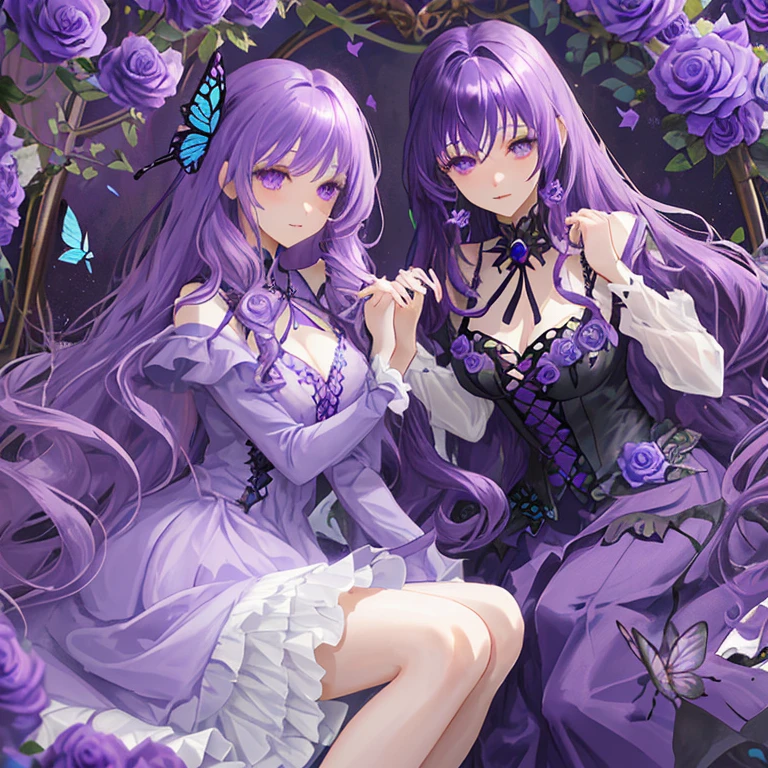 Purple Hair，Long Hair，curly hair，Purple Eyes，blue rose，butterfly，dress