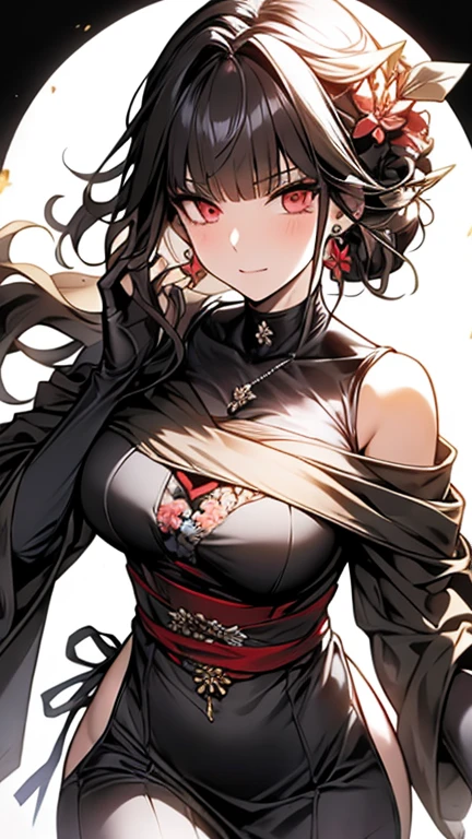 yor briar(spy × family), anime style beutiful woman, 1girl, fullbody ,happy, smile, red face, closed mouth, beautiful detailed eyes, super detailed skin, backlighting, bare shoulders, black background, black dress, black gloves, black hair, breasts, dress, earrings, fingerless gloves, floating hair, floral print, flower, gloves, gold earrings, gold hairband, hair flower, hair ornament, hairband, holding, holding weapon, jewelry, large breasts, long hair, looking at viewer, off-shoulder dress, off shoulder,red eyes, short hair with long locks, sidelocks, solo, spikes, thighs, two-sided dress, two-sided fabric, weapon, fighting stance , face, close up, from above, highest quality, high resolution.