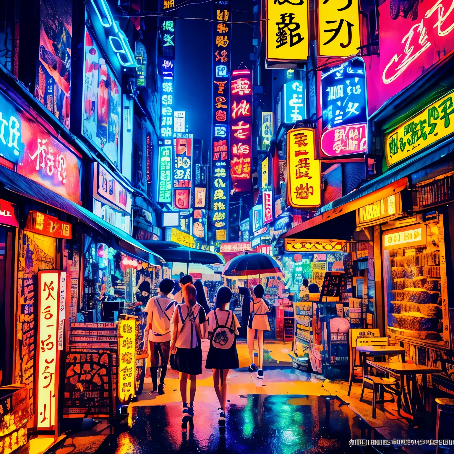 (manga cover:), Pen drawing style, High quality 8k, A rich plot, Complex background, Rich character details,Erotic, High-level view, Neon night view, Rich atmosphere, Summer noon, Strong three-dimensional effect, Vivid character expressions, Vivid letter shapes, Perfect Scene Details, The overall style is powerful.、Vibrant.