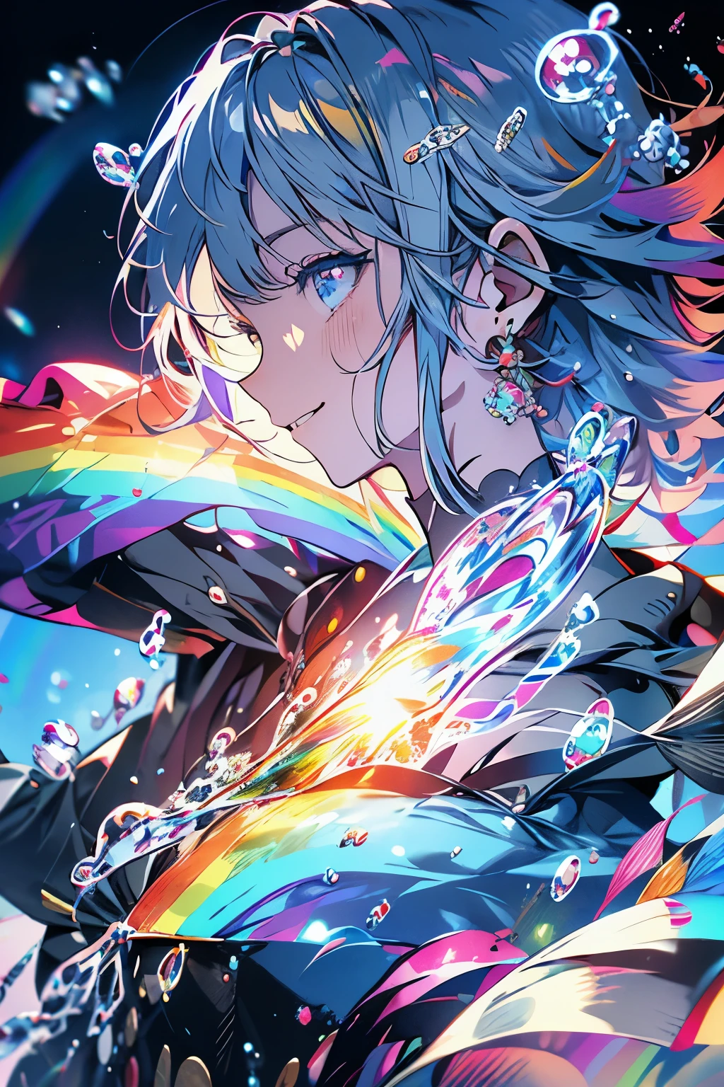 highest quality、masterpiece、Anime Girls、Gray Hair、smile、landscape、profile、(((lots of rainbow colored bubbles)))、Soap bubble、Night Sky、The Stars Shine