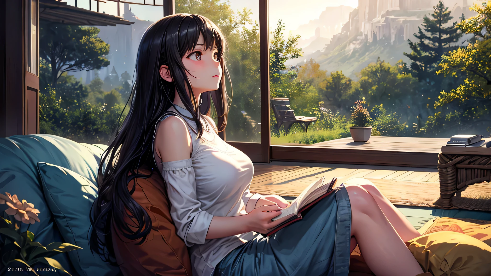 Singular light, alone, woman, face seen from the side, sideways, cosmic, fantsy, looking away:1.4, adult, busty, Ghibli-like design, living room, sitting, dark hair, studying, Completely, landscape orientation, side view,