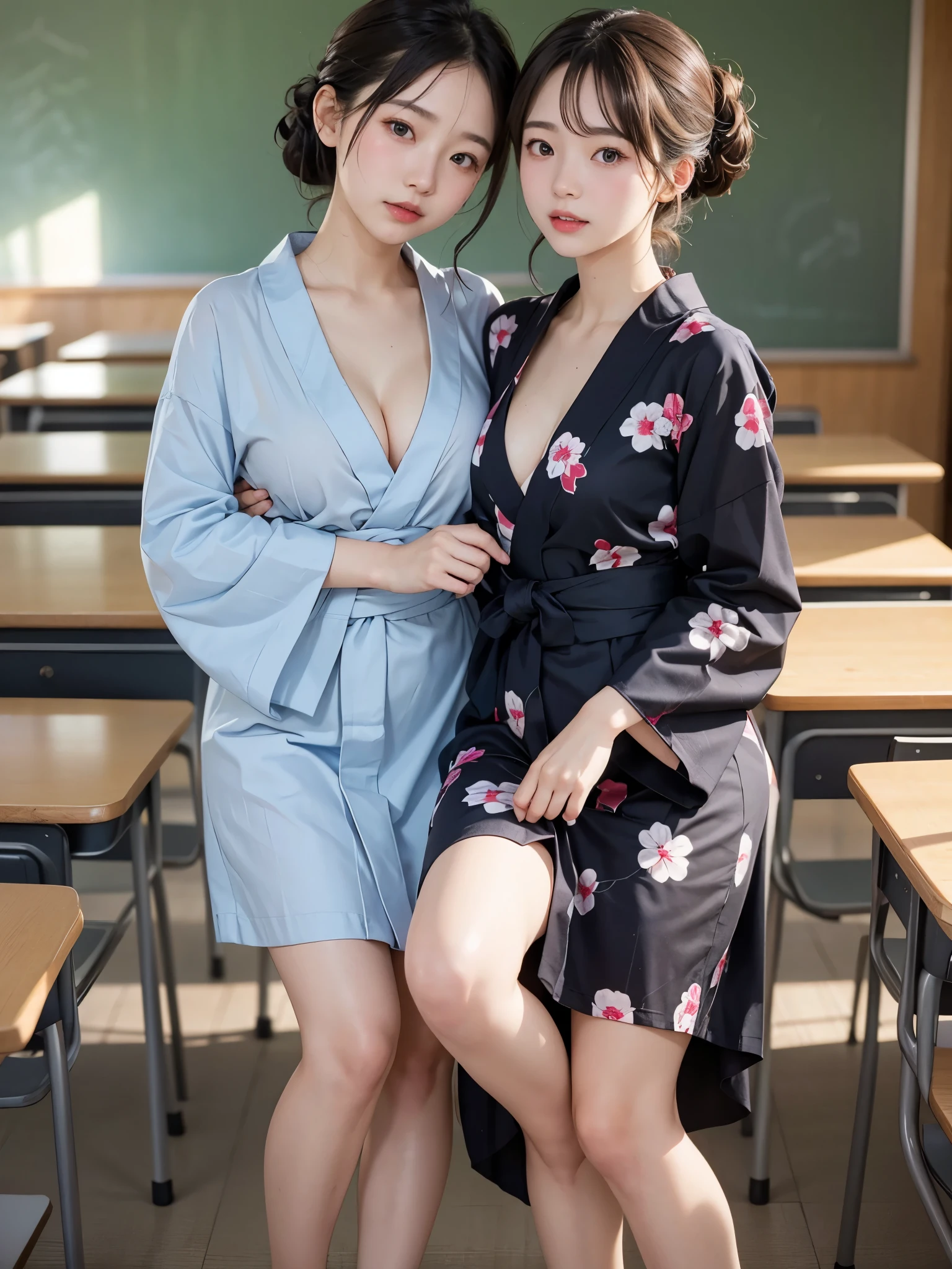 japanese woman、high school student、, anatomically correct, perfect anatomy, very cute, beautiful, (yukata, open yukata:1.2), (beautiful leg), ((embarrassed:1.3)), blush、(classroom), (best quality:1.3)、perfect lighting, high resolution, (8K, RAW photo:1.2), (photograph, photorealistic:1.2)、focus on face、(Focused, symmetrical pupils:1.2)、Beautiful Skin、Natural Makeup、gross lip, High-definition hair texture, (looking at viewer:1.2), (half updo:1.3), (multiple angles:1.2), (small breast, cleavage:1.1), (put hand on one’s breast:1.1),