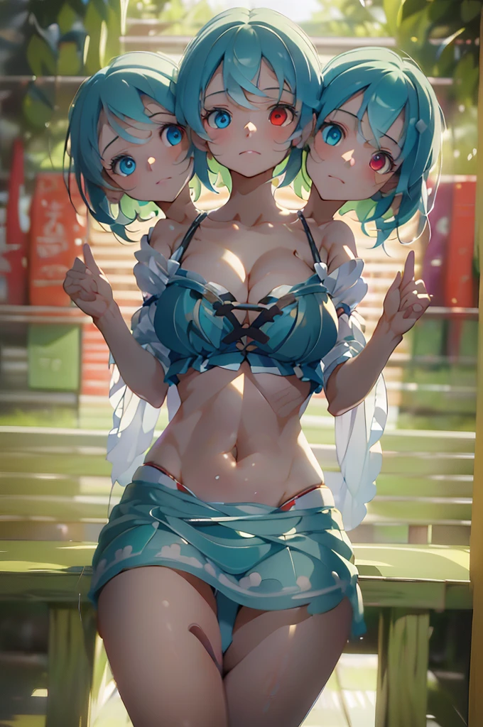 (masterpiece, best quality), best quality, (ultra-detailed), (3heads:1.5), 1girl, (kogasa tatara:1.3), masterpiece, best quality, ultra quality, ultra resolution, ultra detail, blue-green top, crop top, ((stomach)), midriff, ((groin)), light blue skirt, normal ears, shackles, grey hair, very long hair, wavy hair, sidelocks, one turquoise eye and one red eye, heterochromia, very detailed eyes, parted lips, sweat, cute, toned belly, hand on own chest, eyelashes, (24 year old woman:1.3), (masterpiece:1.5), (best quality:1.5), (beautiful detailed), extremely detailed CG, extremely delicate and beautiful, depth of field, (finely detailed face), (perfect details:1.3), (mature female:1.3), wide pelvis, slender, large veiny breast, 16k resolution, highres, high quality, high definition, extremely detailed, masterpiece, grey hair, long hair, alluring presence, braid, short skirt, close up, big , young,
