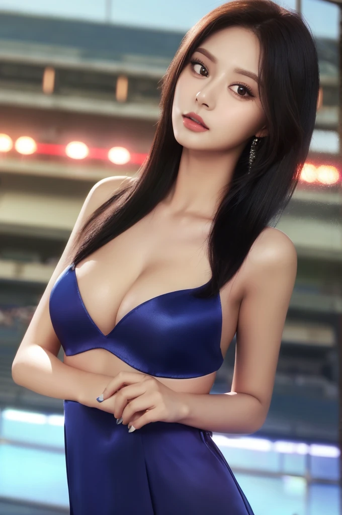 Tzuyu 1, woman, (Realistic), (Hyperrealism), (photoRealistic), Depth of written boundary, eye make up:0.7 (whole body:1.2), (Tight waist), Watching the audience,at the racing track, Race Queen, Sexy dress with open shoulders and chest
