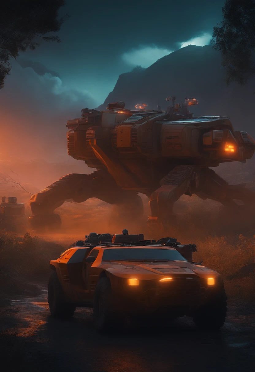 style of akira motion movie, a huge alone orange all-terrain vehicle with twelve wheels. two large machine guns on the roof. album cover concept art, artstation and beeple highly. background: countryside and swamps, dramatic. detailed facial features,vivid colors, nighttime ambiance, synthwave, breathtaking concept art cinematic film still night nature, gorgeous, film grain, grainy . digital artwork, illustrative, painterly, matte painting, highly detailed . award-winning, professional, artstation, akira vibes, style of akira motion movie