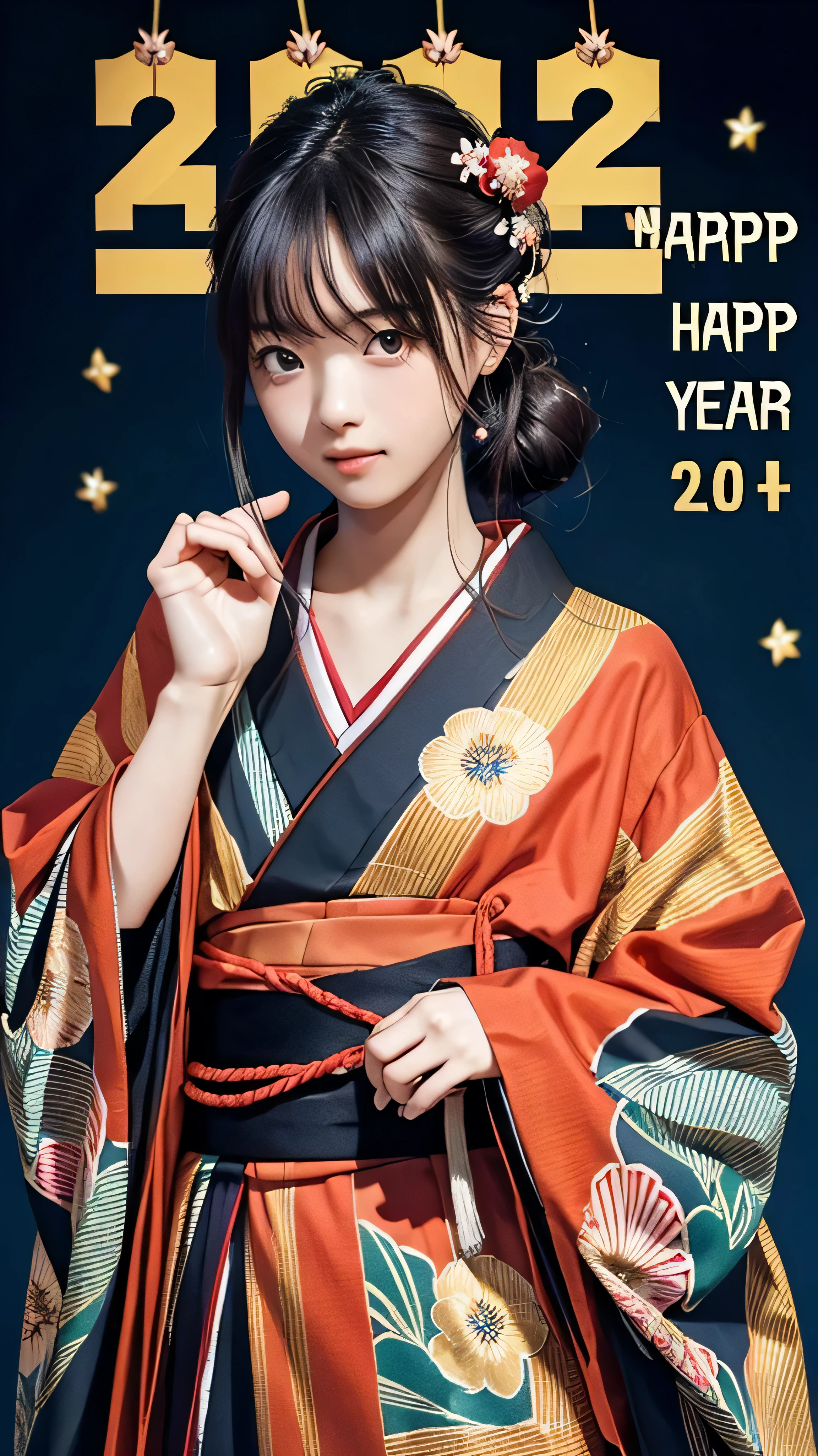 (((Masterpiece))), (High quality), (1 Beautiful Japanese girl), ,innocent, empty eyes,bangs, black hair, (the background is plain:1.2),kimono、Hair Up,(New Year:1.5)