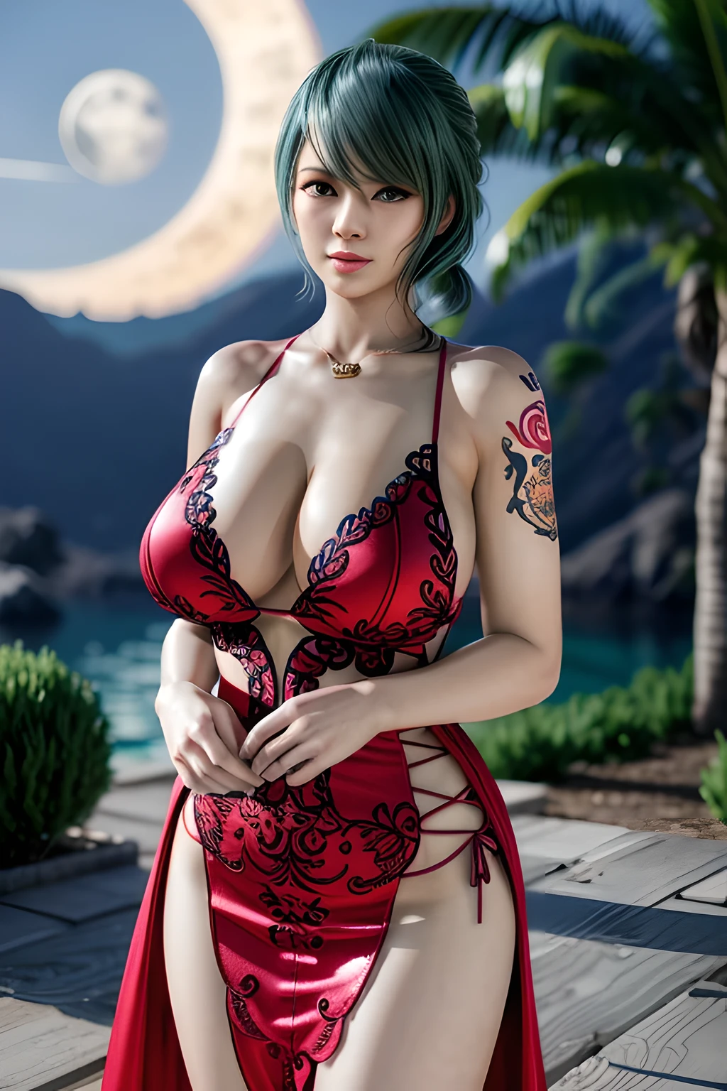 1 girl,lean over WINK, (dark red Wedding Dress,see-through), nighttime,moon,( huge breasts:1.1),cleavage,shiny skin,lip gloss,( tattoos:1.2), masterpiece, best quality, realistic ,Surrealism,Rich artistic colors,natural colors art in 8k,3D,Portrait art,solo, tamaki
