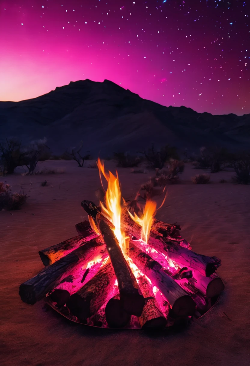 Generates an 8k UHD macro photo of a campfire in a starry night desert, This campfire has deep pink fire flames that look lighter from bottom to top., burns in a wood of pieces of mahogany wood, highlights the colors of the flame and the colors of the firewood, donde se aprecia el cielo nocturno en el fondo, obra maestra