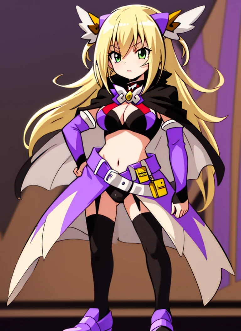 eris-tms, casual outfit, hair ornament, cape, brooch, detached sleeves, belt, skirt, tights, purple footwear,
hand on hip, full body