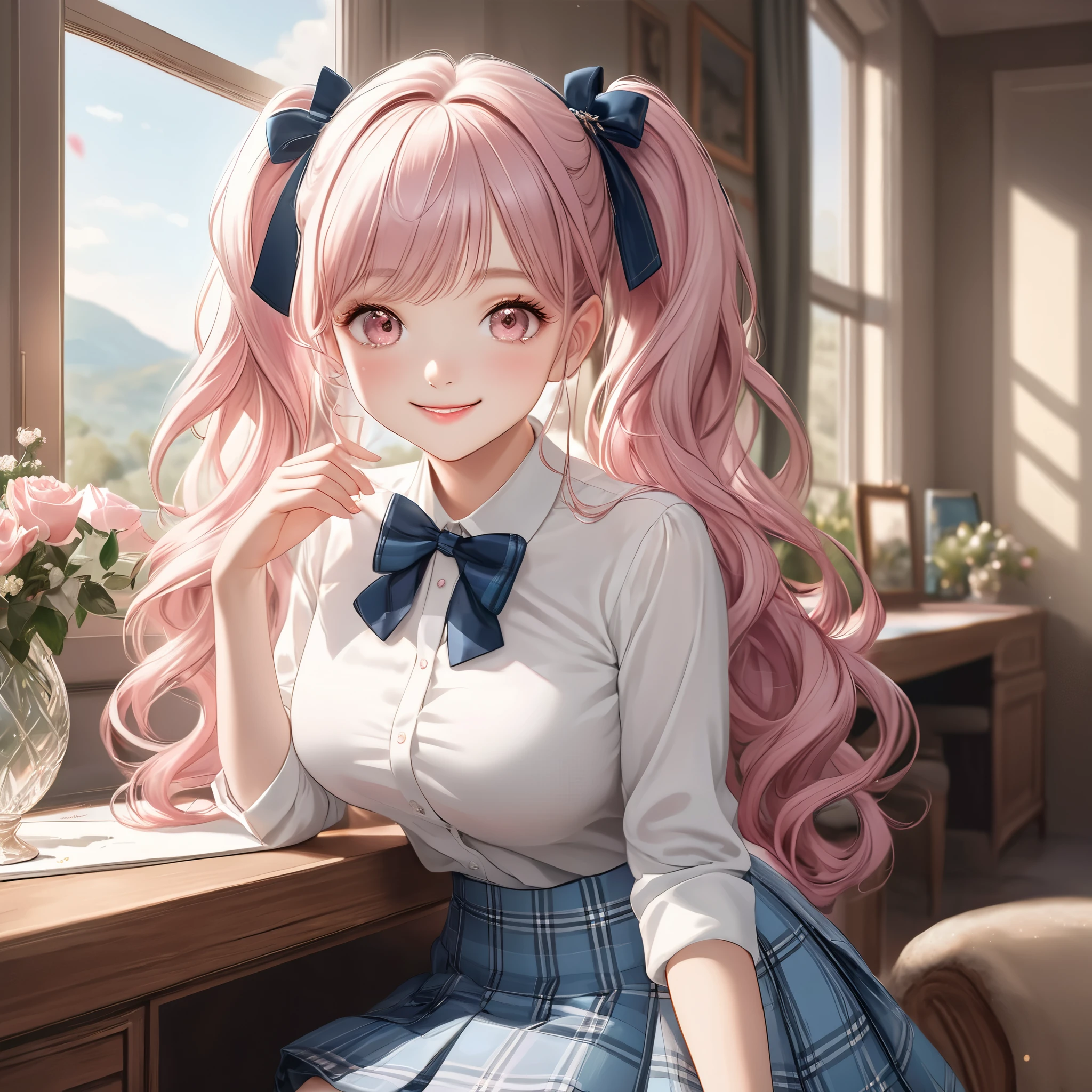 (8K, masutepiece, Highest Quality, Best Quality, Official art, Breathtaking beauty and aesthetics, A highly detailed, The best masterpiece in history that exceeds limits, Breathtaking and beautiful lighting:1.2), (1 Absolute Beautiful Girl, Solo), (sixteen years old), (beautiful detailed face), (shiny white skin), (beautiful detailed pink twin tails hair, Bangs:1.3), (beautiful detailed adolable drooing pink eyes:1.3), (high school uniform), (white shirt, pastel blue Tartan Plaid pleated skirt, patsel blue ribbon:1.3), (Beautiful big bust:1.3), (happy smile, Beautiful smile, Gentle smile, cute smile, innocent smile:1.2), (Attractive, amazing, Beautiful, Elegant, Luxurious, magnifica, Happy, Eye-catching, the ultimate beauty, Supreme Beauty, Superlative beauty, Elegant, Graceful, Everyone loves it, Beauty that fascinates everyone, Healed, The highest level of complete beauty, cute like an idol, Stylish like a fashion model, Goddess-like grace, Be loved, cute little, adolable), Look at the camera, cute pose, breathtaking scenery, (ultra detailed realistic Beautiful high school study, morning:1.3),