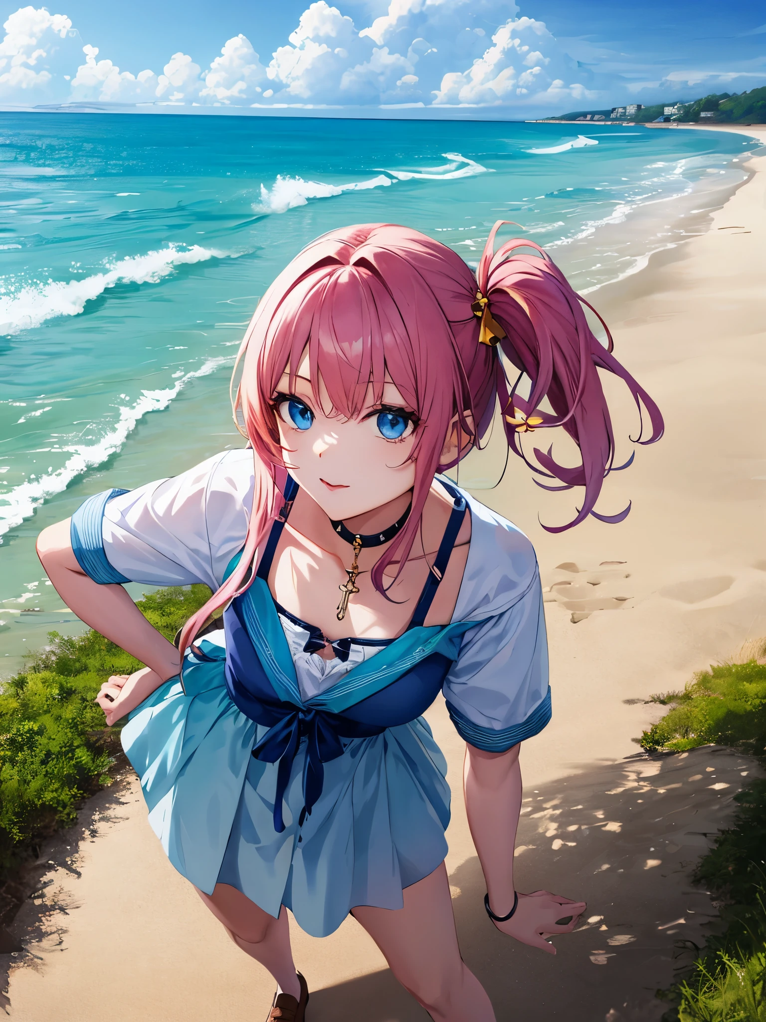 high quality、Premium Quality、correct、cute、girl、blue eyeoist lips、Right hand on hip、cuteロリータドレス、loafers、choker necklace、Cloudy beach、sunlight、Angle of View、ピンクアニメ 髪と髪にリボンを持つgirl、cuteリアルなポートレート、Gwaiz、魔法少女Portrait of、cuteキャラクター、cuteアート スタイル、Anime Moe Art Style、Maplestory character art、cuteポートレート、cuteアニメのgirlPortrait of、Small person々Portrait of、artwork、Anime 
