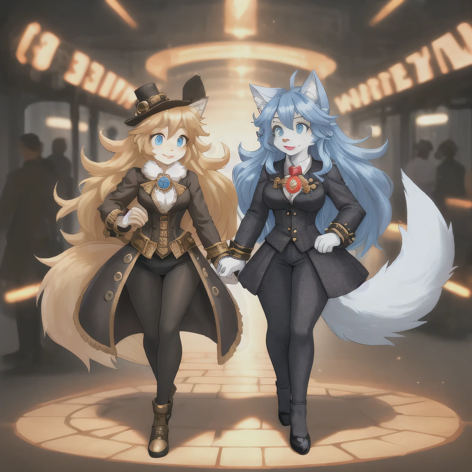 woman, hairy woman, wolf woman, full body portrait, full fur, golden fur, full tail, big tail, golden tail, golden hair, long hair, bushy hair, hair, hair with a brooch (gear-shaped brooch ), almond-shaped eyes, blue eyes, shy smile, charming face, red cheek, long dress (dark blue color in steampunk style), worn tights, black tights, heeled shoe, steampunk shoe, background with steampunk city (a woman wolf this walk in the city), lots of people in the street