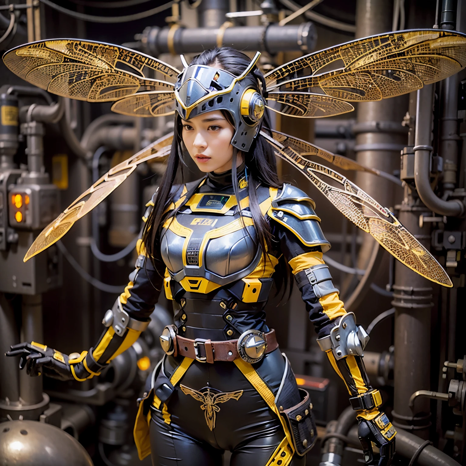 (mechanical armor with reference to a dragonfly), power pipes, hydraulic cylinders, ultimate intricate detail, Japanese female soldier in mechanical armor, very beautiful face, realistic, full body shot, sortie from secret base, steampunk