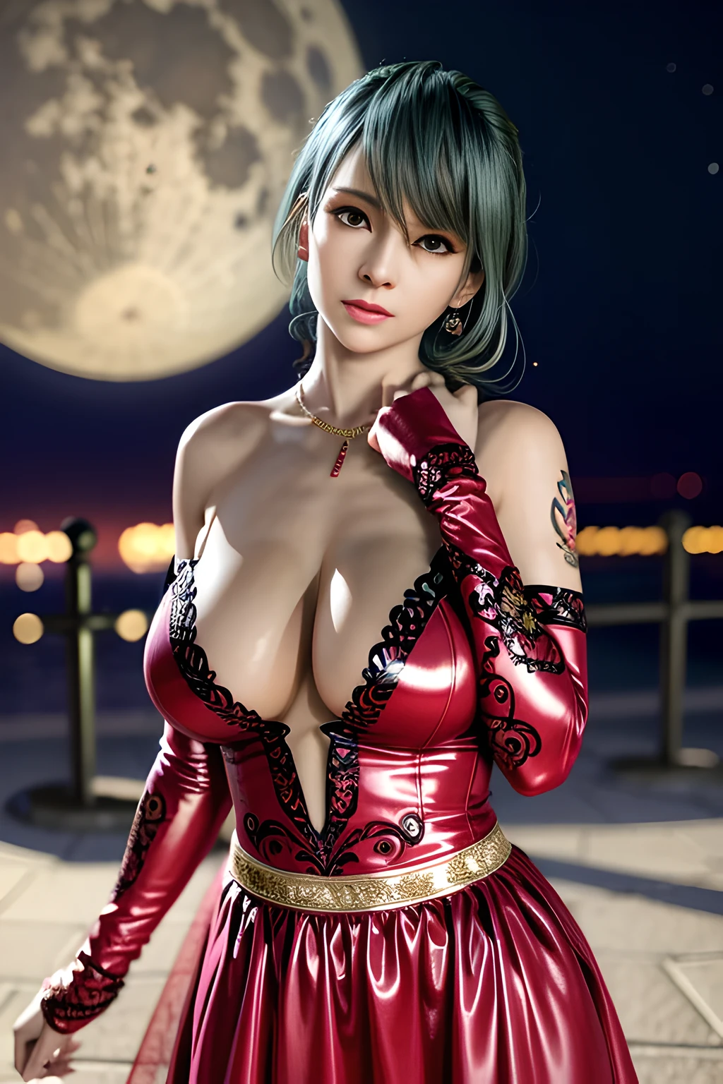 1 girl,lean over WINK, (dark red Wedding Dress,see-through), nighttime,moon,( huge breasts:1.1),cleavage,shiny skin,lip gloss,( tattoos:1.2), masterpiece, best quality, realistic ,Surrealism,Rich artistic colors,natural colors art in 8k,3D,Portrait art,solo, tamaki