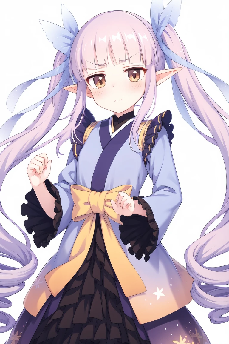 (masterpiece, best quality:1.2), 1girl, solo, kyouka,twintails, very long hair, very long sidelocks, light violet hair, transparent blue hair ribbon, bangs, brown eyes, elf ears, small breasts,