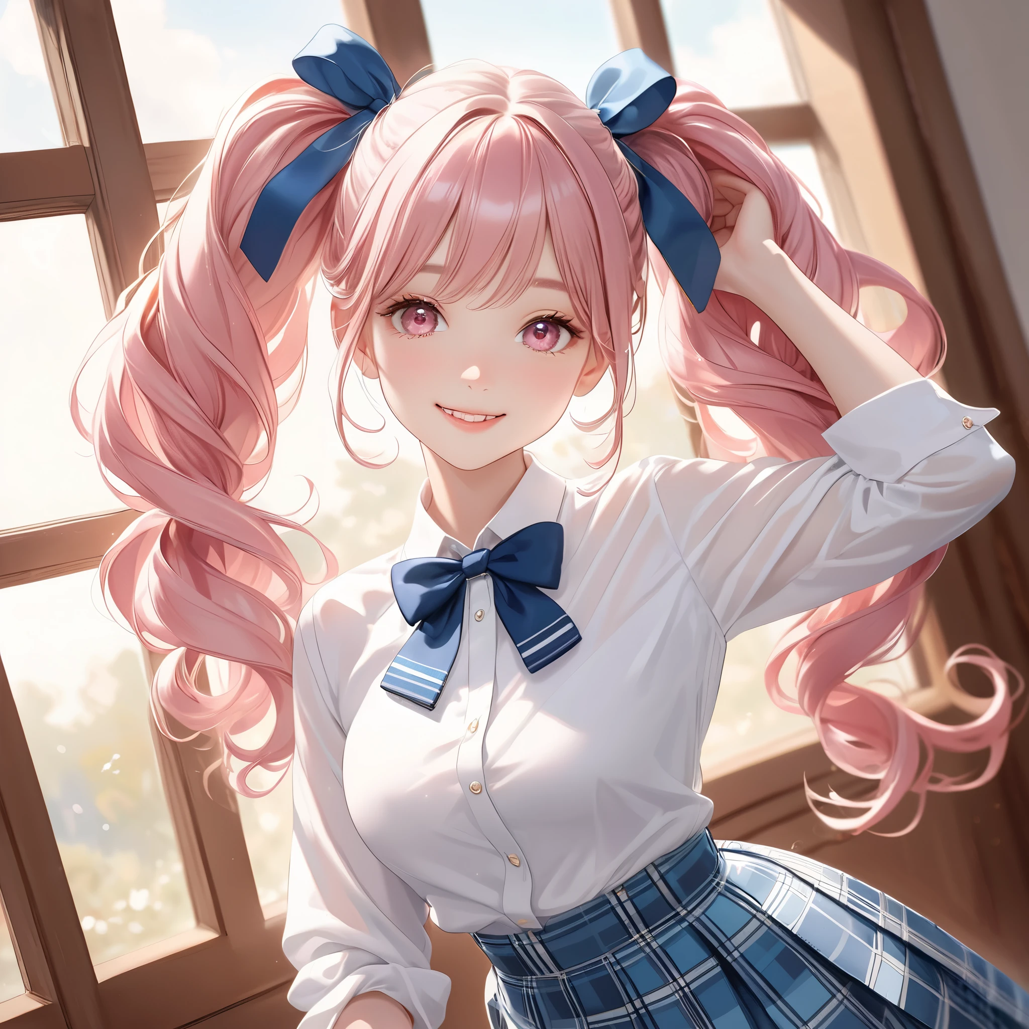 (8K, masutepiece, Highest Quality, Best Quality, Official art, Breathtaking beauty and aesthetics, A highly detailed, The best masterpiece in history that exceeds limits, Breathtaking and beautiful lighting:1.2), (1 Absolute Beautiful Girl, Solo), (sixteen years old), (beautiful detailed face), (shiny white skin), (beautiful detailed pink twin tails hair, Bangs:1.3), (beautiful detailed adolable drooing pink eyes:1.3), (high school uniform), (white shirt, pastel blue Tartan Plaid pleated skirt, patsel blue ribbon:1.3), (Beautiful big bust:1.3), (happy smile, Beautiful smile, Gentle smile, cute smile, innocent smile:1.2), (Attractive, amazing, Beautiful, Elegant, Luxurious, magnifica, Happy, Eye-catching, the ultimate beauty, Supreme Beauty, Superlative beauty, Elegant, Graceful, Everyone loves it, Beauty that fascinates everyone, Healed, The highest level of complete beauty, cute like an idol, Stylish like a fashion model, Goddess-like grace, Be loved, cute little, adolable), Look at the camera, cute pose, breathtaking scenery, (ultra detailed realistic Beautiful high school study, morning:1.3),