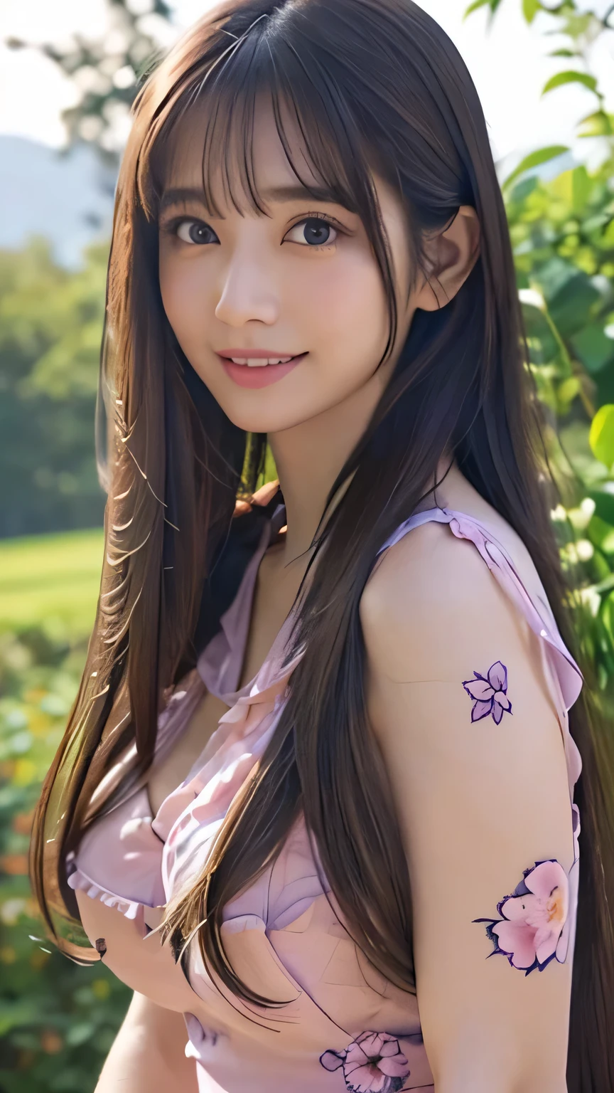 (masterpiece:1.2, highest quality, Ultra-high resolution, Super detailed), (Realistic, photoRealistic:1.4), Beautiful illustrations, (Natural Side Lighting, Cinema Lighting),
View your viewers, 1 girl, Japanese, Perfect Face, (Perfect Anatomy), Cute and symmetrical face, Shiny skin, thin,
(Long Hair, (low-tied Long Hair:1.5), Black Hair), Hair between the eyes, flowing bangs, Brown eyes, Droopy eyes, Big eyes, Long Eyelashes, (Huge breasts),
Beautiful Hair, Beautiful Face, Beautiful fine details, Beautiful clavicle, Beautiful body, Beautiful breasts, Beautiful thighs, Beautiful feet,
((Light purple and pink floral dress)),
(Beautiful views), Depth of written boundary, morning, (garden), Are standing, (Cute smile, Upward glance, Open your mouth),
