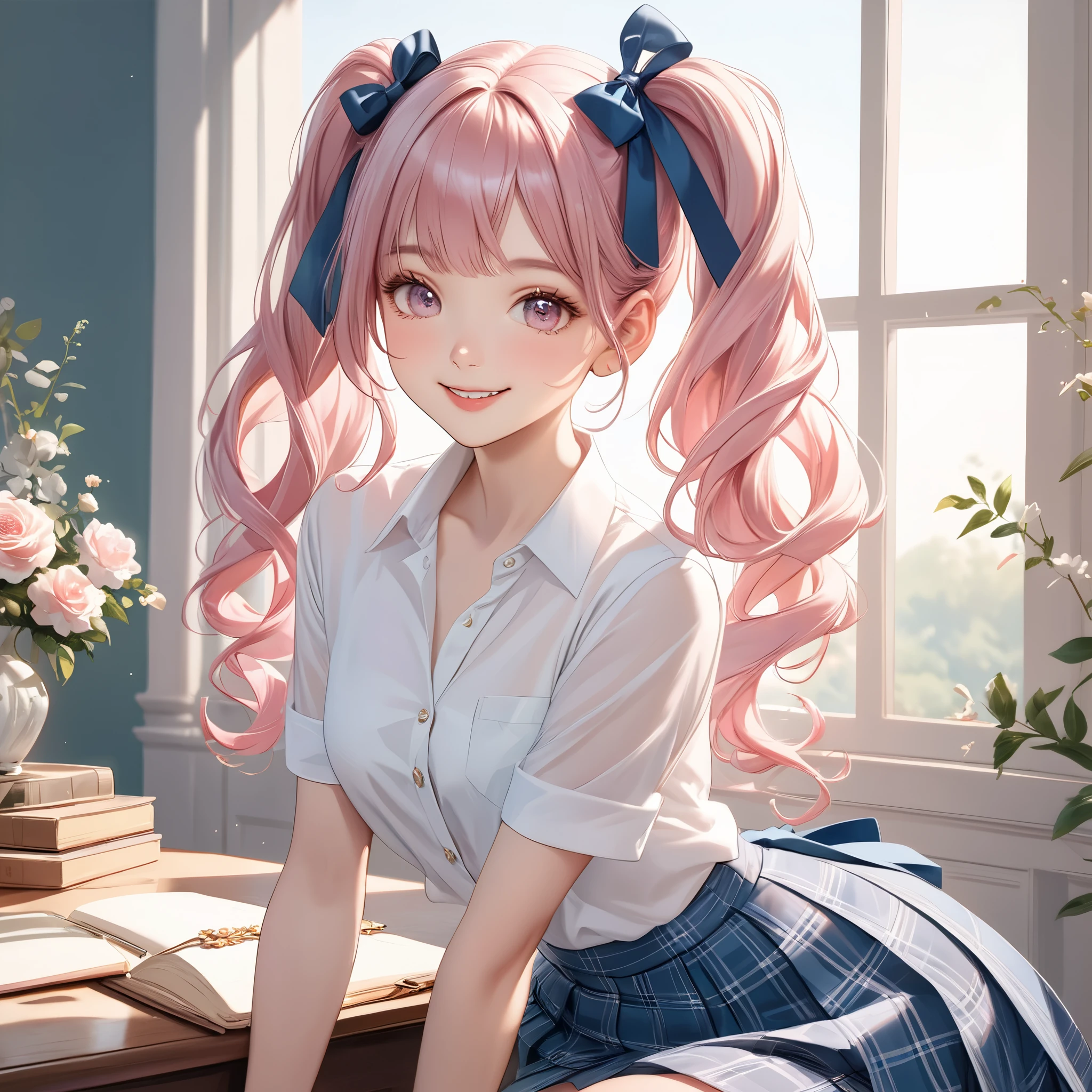 (8K, masutepiece, Highest Quality, Best Quality, Official art, Breathtaking beauty and aesthetics, A highly detailed, The best masterpiece in history that exceeds limits, Breathtaking and beautiful lighting:1.2), (1 Absolute Beautiful Girl, Solo), (), (beautiful detailed face), (shiny white skin), (beautiful detailed pink twin tails hair, Bangs:1.3), (beautiful detailed adolable drooing pink eyes:1.3), (high school uniform), (white shirt, pastel blue Tartan Plaid pleated skirt, patsel blue ribbon:1.3), (Beautiful big bust:1.3), (happy smile, Beautiful smile, Gentle smile, cute smile, innocent smile:1.2), (Attractive, amazing, Beautiful, Elegant, Luxurious, magnifica, Happy, Eye-catching, the ultimate beauty, Supreme Beauty, Superlative beauty, Elegant, Graceful, Everyone loves it, Beauty that fascinates everyone, Healed, The highest level of complete beauty, cute like an idol, Stylish like a fashion model, Goddess-like grace, Be loved, cute little, adolable), Look at the camera, cute pose, breathtaking scenery, (ultra detailed realistic Beautiful high school study, morning:1.3),