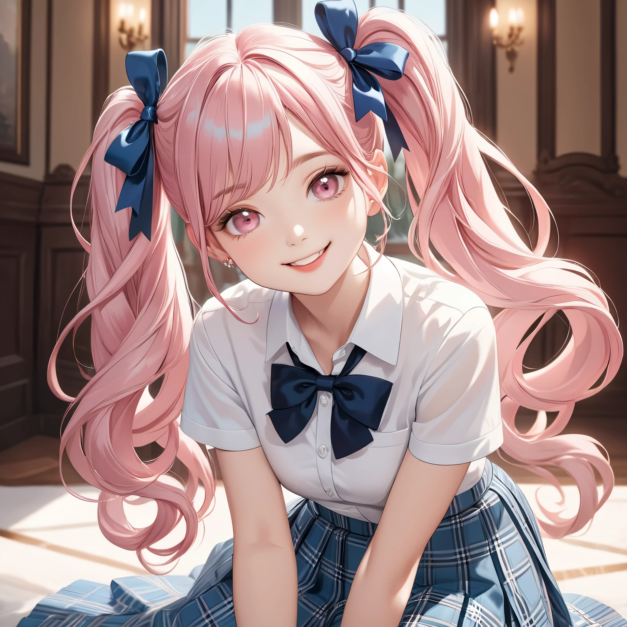 (8K, masutepiece, Highest Quality, Best Quality, Official art, Breathtaking beauty and aesthetics, A highly detailed, The best masterpiece in history that exceeds limits, Breathtaking and beautiful lighting:1.2), (1 Absolute Beautiful Girl, Solo), (), (beautiful detailed face), (shiny white skin), (beautiful detailed pink twin tails hair, Bangs:1.3), (beautiful detailed adolable drooing pink eyes:1.3), (high school uniform), (white shirt, pastel blue Tartan Plaid pleated skirt, patsel blue ribbon:1.3), (Beautiful big bust:1.3), (happy smile, Beautiful smile, Gentle smile, cute smile, innocent smile:1.2), (Attractive, amazing, Beautiful, Elegant, Luxurious, magnifica, Happy, Eye-catching, the ultimate beauty, Supreme Beauty, Superlative beauty, Elegant, Graceful, Everyone loves it, Beauty that fascinates everyone, Healed, The highest level of complete beauty, cute like an idol, Stylish like a fashion model, Goddess-like grace, Be loved, cute little, adolable), Look at the camera, cute pose, breathtaking scenery, (ultra detailed realistic Beautiful high school study, morning:1.3),