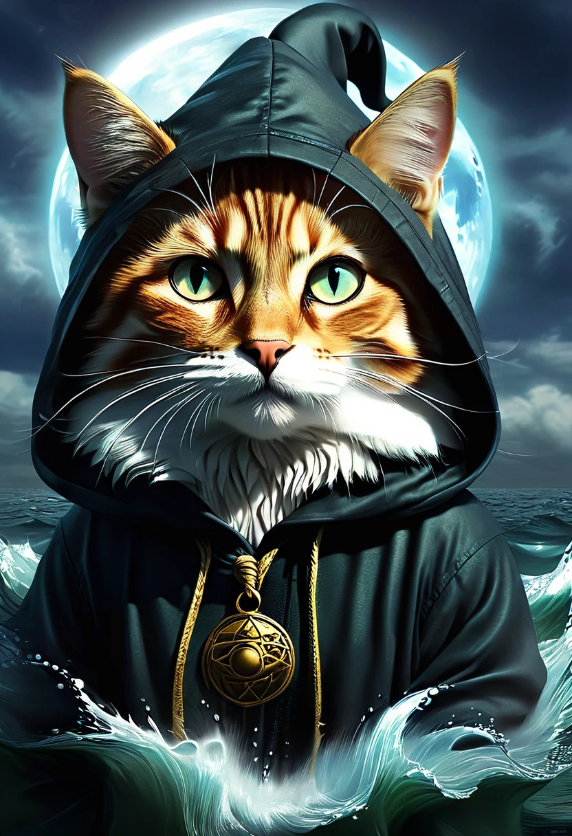 ((un gato mago, ropa de mago con capucha, efecto de magia, epico:1.5)), hasta:1.4, (obra maestra),(Mejor calidad:1.0), (Ultra high resolution:1.0), pintura detallada, intrincado, paisaje submarino, (( magical, Hermoso, de otro mundo:1.4 )), (( Mejor calidad, vibrante, 32K ,luz y sombras bien definidas)). sin texto:1.3. XTERIO $XTER