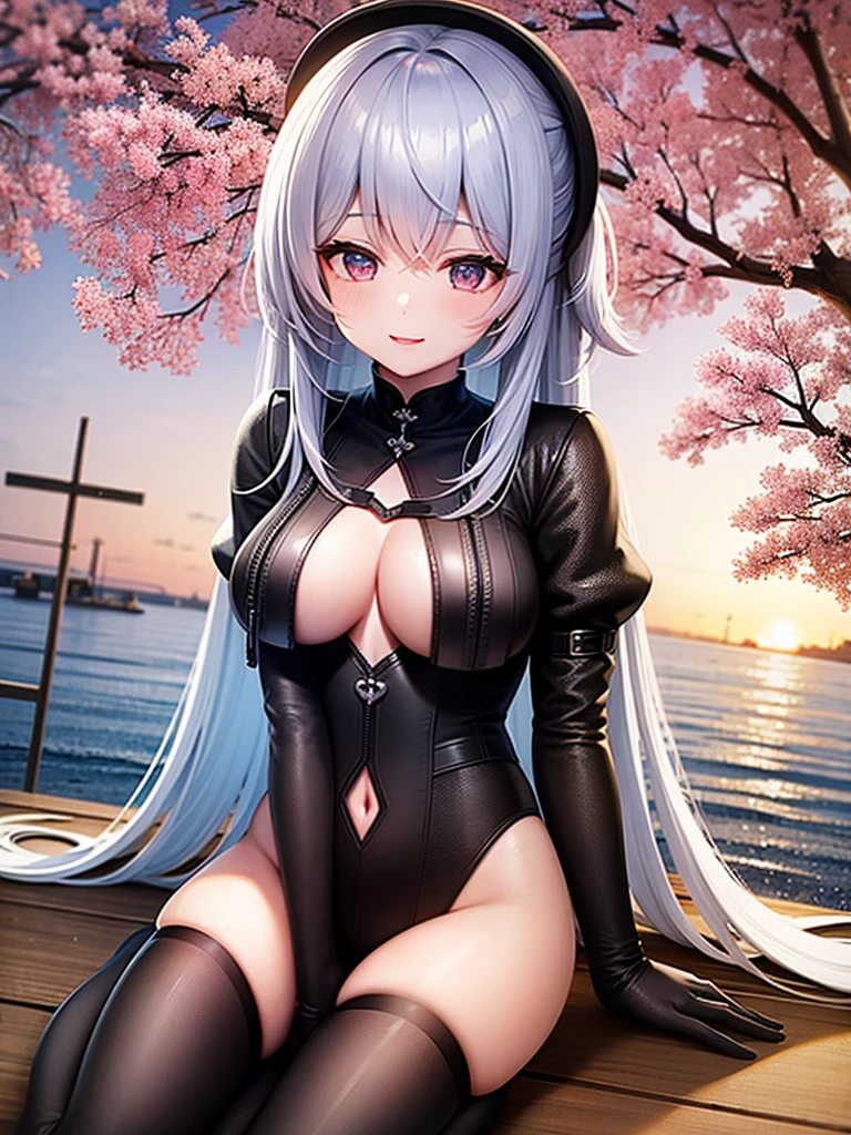 1 girl, wearing a full detailed shining armor without helmet, sitting under a sakura tree, 4K quality, best quality, ultra-detailed, realistic, portraits, vivid colors, sharp focus, studio lighting, HDR, large-breast milky, pinky long detailed hair, black beautiful eyes,behind her it's a beautiful river with bunch of sakura trees,up it's a beautiful gray sky,open_smile,(down_view 1.25), smiling,kawaii style
