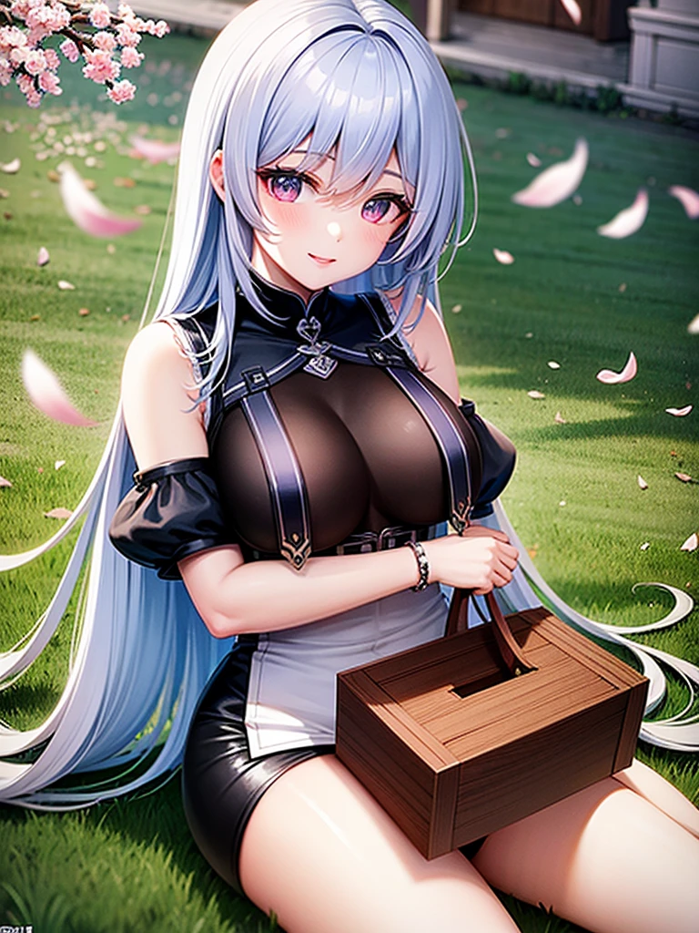 1 girl, wearing a full detailed shining armor without helmet, sitting under a sakura tree, 4K quality, best quality, ultra-detailed, realistic, portraits, vivid colors, sharp focus, studio lighting, HDR, large-breast milky, pinky long detailed hair, black beautiful eyes,behind her it's a beautiful river with bunch of sakura trees,up it's a beautiful gray sky,open_smile,(down_view 1.25), smiling,kawaii style