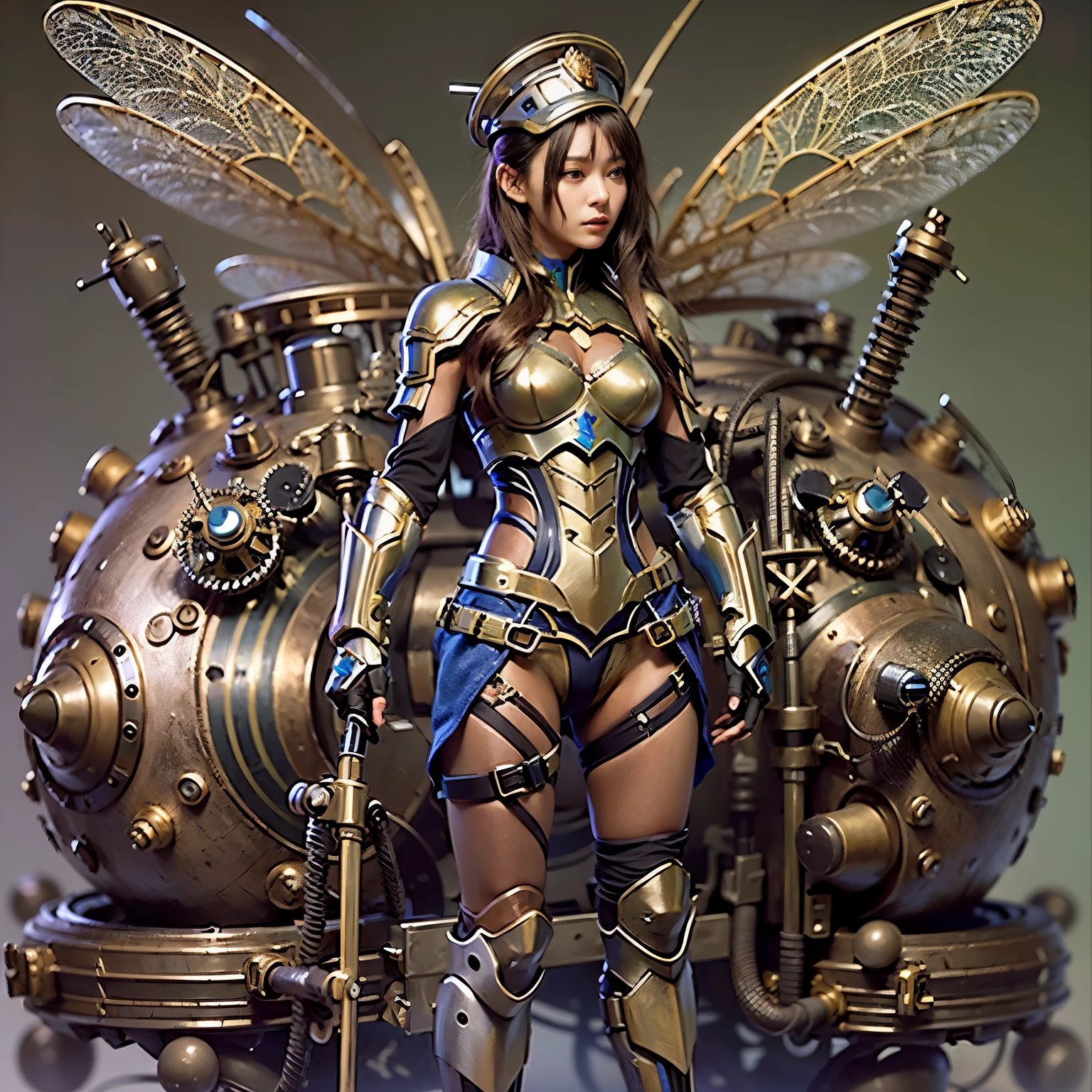 (mechanical armor with reference to a dragonfly), power pipes, hydraulic cylinders, ultimate intricate detail, Japanese female soldier in mechanical armor, very beautiful face, realistic, full body shot, sortie from secret base, steampunk