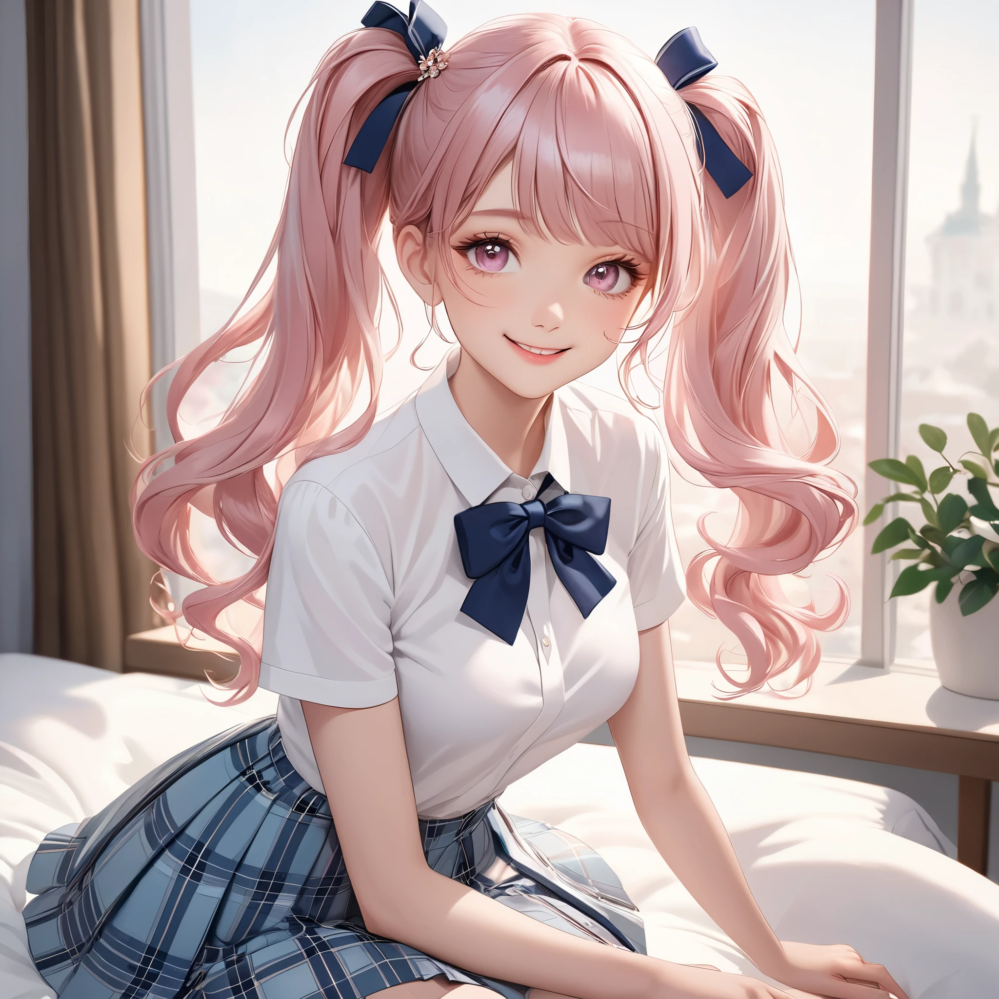 (8K, masutepiece, Highest Quality, Best Quality, Official art, Breathtaking beauty and aesthetics, A highly detailed, The best masterpiece in history that exceeds limits, Breathtaking and beautiful lighting:1.2), (1 Absolute Beautiful Girl, Solo), (sixteen years old), (beautiful detailed face), (shiny white skin), (beautiful detailed pink twin tails hair, Bangs:1.3), (beautiful detailed adolable drooing pink eyes:1.3), (high school uniform), (white shirt, pastel blue Tartan Plaid pleated skirt, patsel blue ribbon:1.3), (Beautiful big bust:1.3), (happy smile, Beautiful smile, Gentle smile, cute smile, innocent smile:1.2), (Attractive, amazing, Beautiful, Elegant, Luxurious, magnifica, Happy, Eye-catching, the ultimate beauty, Supreme Beauty, Superlative beauty, Elegant, Graceful, Everyone loves it, Beauty that fascinates everyone, Healed, The highest level of complete beauty, cute like an idol, Stylish like a fashion model, Goddess-like grace, Be loved, cute little, adolable), Look at the camera, cute pose, breathtaking scenery, (ultra detailed realistic Beautiful high school study, morning:1.3),