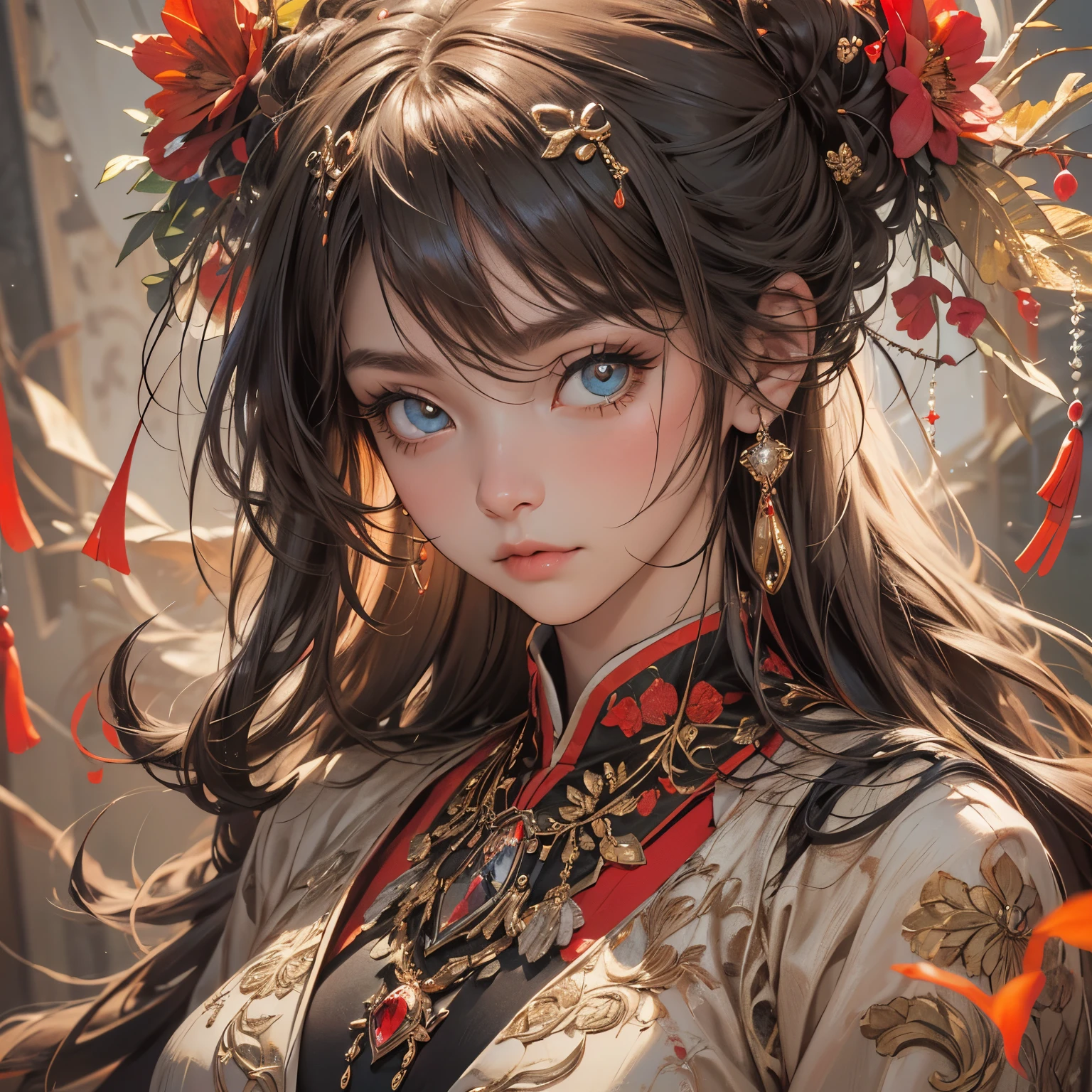 ((Masterpiece, Superb, Super Detailed, High Resolution)), solo, beautiful girl, sparkling eyes, perfect eyes, 15 years old, black and red gold theme, simple