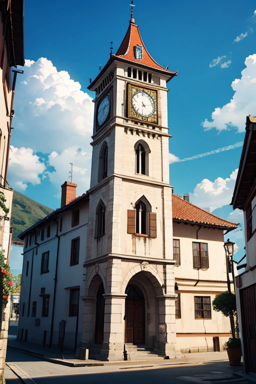 small clock tower in the central square of a town