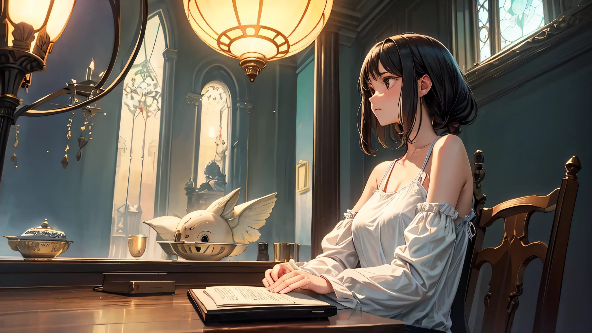 Singular light, alone, woman, face seen from the side, sideways, cosmic, fantsy, looking away:1.4, adult, busty, Ghibli-like design, living room, sitting, dark hair, studying, Completely, landscape orientation, side view,