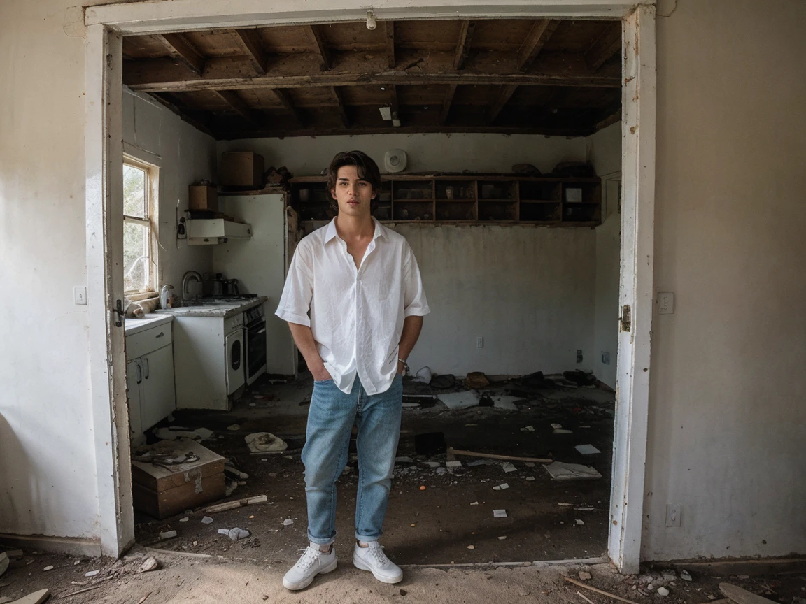 8k uhd, dslr, high quality , RAW photo, Amateur Photography posted to facebook ,Fujifilm XT3, Canon R5, Handsome Men, Inside Abandoned house