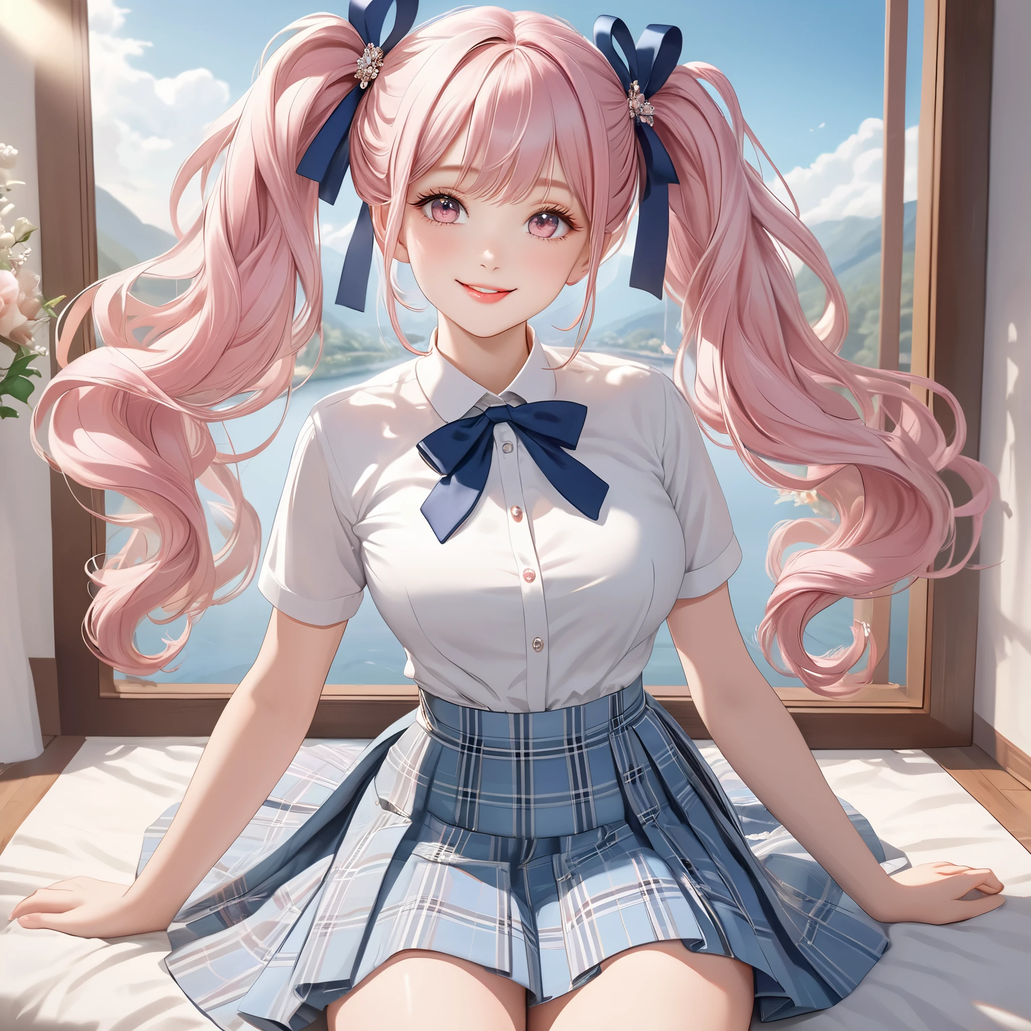 (8K, masutepiece, Highest Quality, Best Quality, Official art, Breathtaking beauty and aesthetics, A highly detailed, The best masterpiece in history that exceeds limits, Breathtaking and beautiful lighting:1.2), (1 Absolute Beautiful Girl, Solo), (sixteen years old), (beautiful detailed face), (shiny white skin), (beautiful detailed pink twin tails hair, Bangs:1.3), (beautiful detailed adolable drooing pink eyes:1.3), (high school uniform), (white shirt, pastel blue Tartan Plaid pleated skirt, patsel blue ribbon:1.3), (Beautiful big bust:1.3), (happy smile, Beautiful smile, Gentle smile, cute smile, innocent smile:1.2), (Attractive, amazing, Beautiful, Elegant, Luxurious, magnifica, Happy, Eye-catching, the ultimate beauty, Supreme Beauty, Superlative beauty, Elegant, Graceful, Everyone loves it, Beauty that fascinates everyone, Healed, The highest level of complete beauty, cute like an idol, Stylish like a fashion model, Goddess-like grace, Be loved, cute little, adolable), Look at the camera, cute pose, breathtaking scenery, (ultra detailed realistic Beautiful high school study, morning:1.3),
