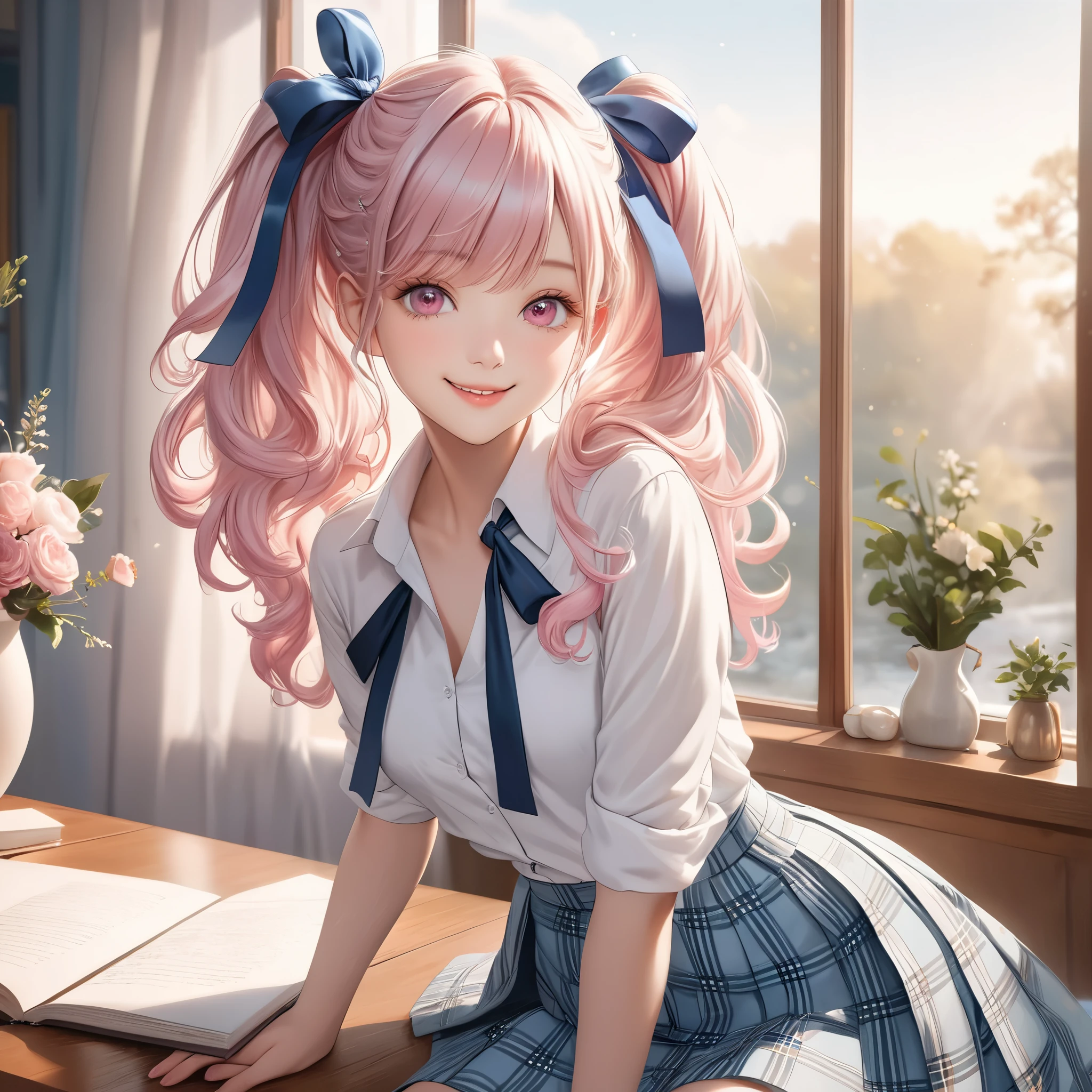 (8K, masutepiece, Highest Quality, Best Quality, Official art, Breathtaking beauty and aesthetics, A highly detailed, The best masterpiece in history that exceeds limits, Breathtaking and beautiful lighting:1.2), (1 Absolute Beautiful Girl, Solo), (sixteen years old), (beautiful detailed face), (shiny white skin), (beautiful detailed pink twin tails hair, Bangs:1.3), (beautiful detailed drooping pink eyes:1.3), (high school uniform), (white shirt, pastel pink Tartan Plaid pleated skirt, patsel pink ribbon:1.3), (Beautiful big bust:1.3), (thighs), (happy smile, Beautiful smile, Gentle smile, cute smile, innocent smile:1.2), (Attractive, amazing, Beautiful, Elegant, Luxurious, magnifica, Happy, Eye-catching, the ultimate beauty, Supreme Beauty, Superlative beauty, Elegant, Graceful, Everyone loves it, Beauty that fascinates everyone, Healed, The highest level of complete beauty, cute like an idol, Stylish like a fashion model, Goddess-like grace, Be loved, cute little, adolable), Look at the camera, cute pose, breathtaking scenery, (ultra detailed realistic Beautiful high school study, blue sky, morning:1.3),