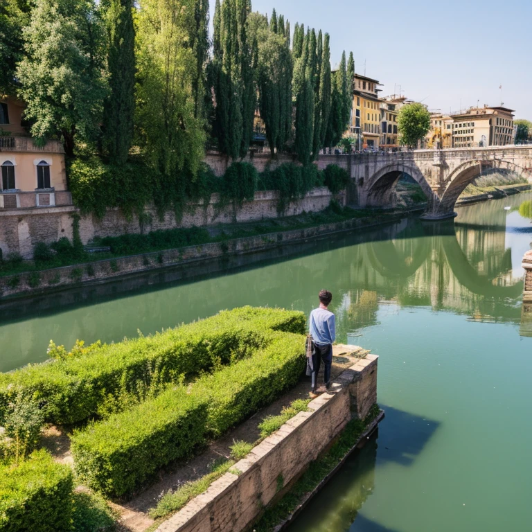 “The Tiber River in Rome” Prompt: “Scenery along the Tiber River and people strolling々”